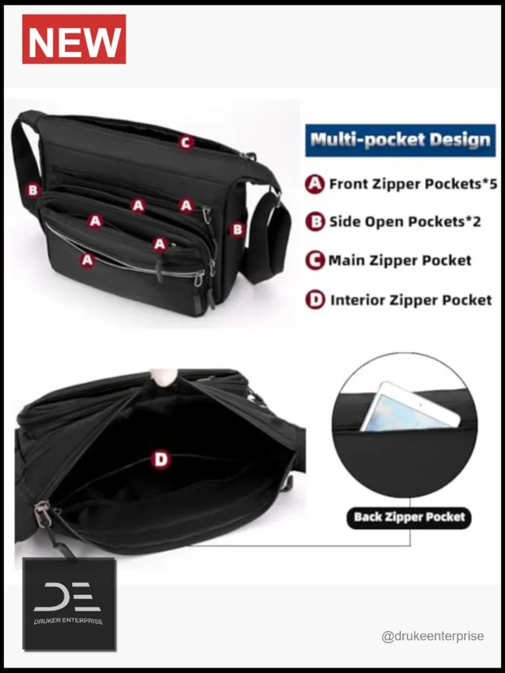 Nylon Waterproof Messenger Bag Multi-pocket Crossbody Shoulder Bag Travel
